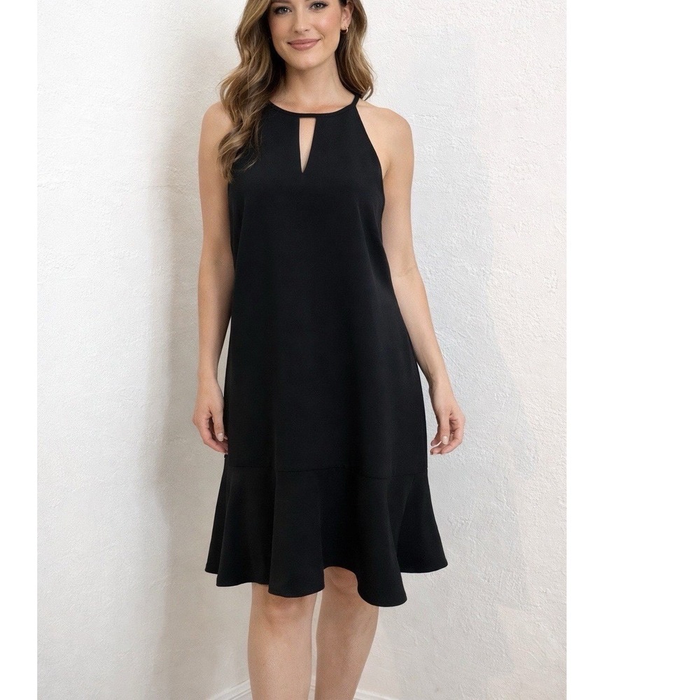 White House Black Market Halter Dress Women‎ 10 Black Excellent Flounce Keyhole